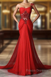 Trumpet Mermaid One Shoulder Chiffon Appliques Lace Beading Red Long Formal Prom Dress
