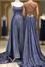 Shiny Navy Blue Sequin A Line Long Formal Prom Dress With Slit
