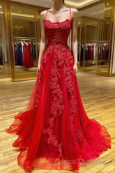 Red Long Formal Prom Dress Chic & Modern Lace Applique Straps Formal Prom Dress