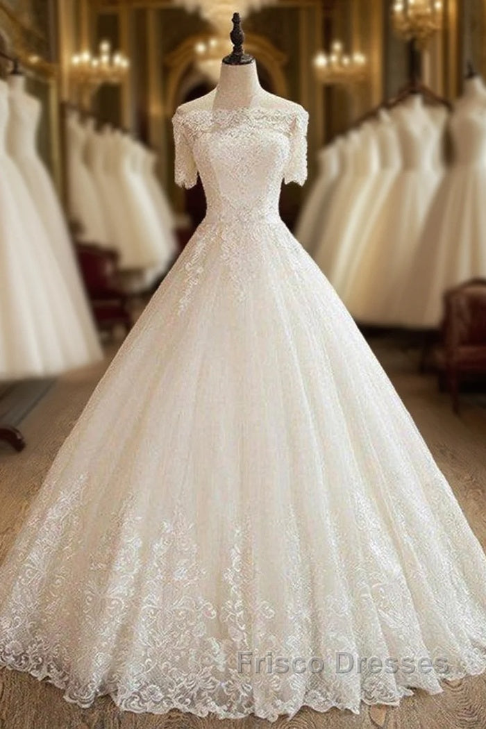 Floor Length Applique Ball Gown Off the Shoulder Lace Tulle 1/2 Sleeve