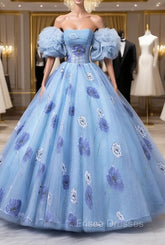 Floral Tulle Long Formal Prom Dress, Blue Short Sleeve Evening Dress