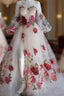 Flowers Appliques Princess A Line Champagne Formal Prom Dress With Slit