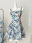 Fresh Blue Floral Waist Thin Strap Square Neck A-Line Short 16Th Birthday Homecoming Dress