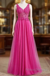 Fuchsia A-Line Long Formal Prom Dress Plunging V Neck Floral