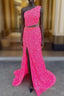 Fuchsia Mermaid Sequins Beading One Shoulder Formal Prom Dress