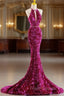 Fuchsia Mermaid Sequins Halter Formal Prom Dress