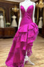 Fuchsia Satin Spaghetti Straps Feather Formal Prom Dress