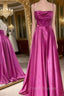 Fuchsia Satin Spaghetti Straps Formal Prom Dress