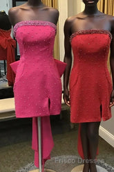 Fuchsia Strapless Beaded Bodycon Short Homecoming Dress with Bow
