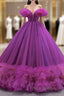 Fuchsia Tulle Off the Shoulder Pearls Formal Prom Dress