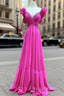 Fuchsia V-neck Pleats Backless Formal Prom Dress