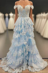 Light Blue Corset Lace Tiered Tulle Long Formal Prom Dress