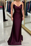 Cabernet Satin V Neck Lace-Up Back Pleated Long Formal Prom Dresses with Silt