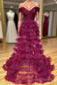 Off the Shoulder Burgundy Pleated Sheer Tiered Formal Prom Dress