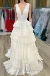 White V-Neck Pleated Layered Long Formal Prom Dress