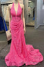 Halter Hot Pink Lace Ruched Mermaid Formal Prom Dress