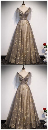 Elegant V Neck Gray Gold Tulle Lace Long Prom Dress, Tulle Formal Dress