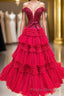 Off the Shoulder Red Appliques Tiered Long Formal Prom Dress