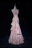 Sweet Spaghetti Straps Mermaid Evening Dresses Pink Satin Layered Pleated Prom Dress With Beading