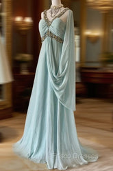 Gentle Tiffany Blue Chiffon V-Neck Beaded Sequin A-Line Long Formal Prom Dress Wedding Evening Dress
