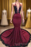 Burgundy Halter Deep V Neck Mermaid Formal Prom Dress with Lace, Long Evening Gown