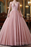 Girls Sequins V neck Dusty Rose Formal Prom Dress A-line Tulle Ball Gown Quinceanera Dress Sweet 16 Party Dress