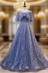 Glam Blue Off Shoulder Lace-up Long Evening Dresss Party Dress, Blue Wedding Party Dress Formal Prom Dress