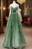 Glam Green Layers Tulle Straps Beaded Long Party Dress, Green Long Formal Dress