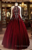 Glam Wine Red Beaded Velvet Halter Evening Dress, Wine Red Velvet Formal Prom Dress