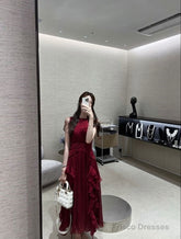 Glamorous A Line Scoop Sleeveless Burgundy Long Prom Dress
