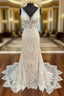 Glamorous Beige Lace V-Neck Backless Mermaid Long Wedding Dress Sexy