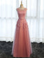 Glamorous Long Evening Dresses Lace Cameo Pink Party Dress A Line Applique Tulle Maxi Formal Dress