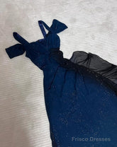 Glitter Radient Blue Prom Dress For Birthday& Pool Party-Elegant V-Neck Spaghetti Straps Evening Dress