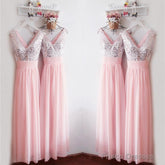 Glitter Sequins V Neck Long Chiffon Pink Bridesmaid Dresses