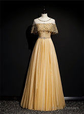 Gold A-Line Tulle Beading Sequins Long Prom Dress Lotus Leaf Sleeve Evening Dress