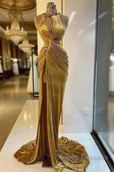 Gold Evening Dress Sheath High Collar Velvet Beaded Slit Long Turkey Dubai Saudi Arabic Evening Gown Formal Prom Dress