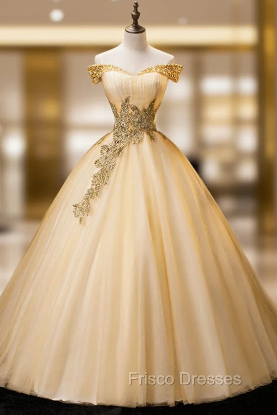 Gold Floor Length Tulle Beading Formal Dress, Lovely Off the Shoulder Frisco Dresses Gold Floor Length Tulle Beading Formal Dress, Lovely Off the Shoulder Frisco Dresses