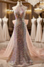 Gold Halter Beading Sequin Mermaid Formal Prom Dress With Detachable Bow