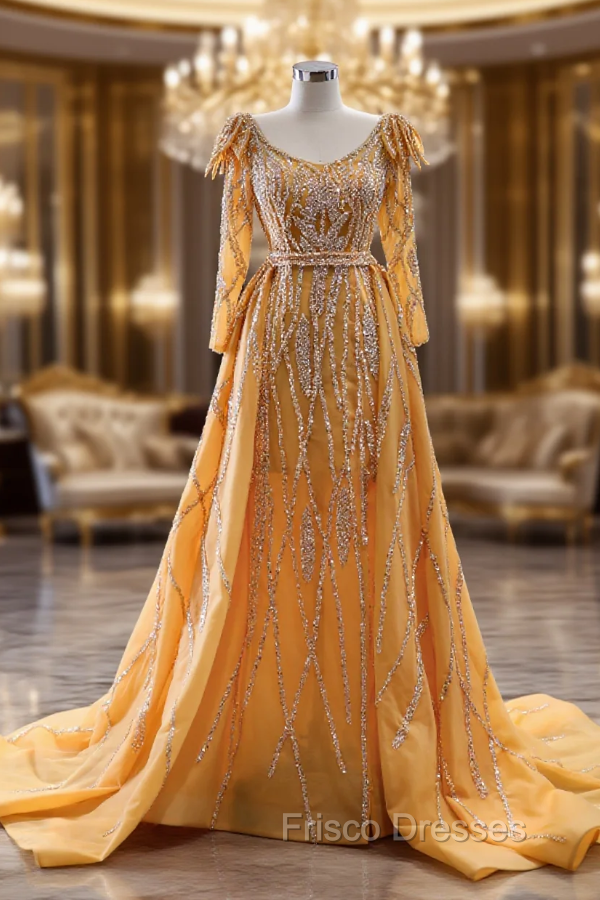 Gold Long Sleeve Beading Formal Prom Dress With Detachable Train
