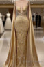 Gold Mermaid Formal Prom Dress With Wrap Beaded Lace Appliqued Evening Dress Party Second Reception Gowns Plus Size