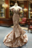 Gold Mermaid Sequins Off The Shoulder Appliques Formal Prom Dress With Feather