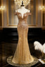 Gold Mermaid Sequins Spaghetti Straps Formal Prom Dress
