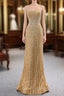 Gold Mermaid Sequins Strapless Pearls Formal Prom Dress