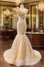 Gold Mermaid Tulle Sequins One Shoulder Long Formal Prom Dress