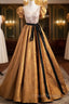 Gold Puff Sleeve Square Sequins Formal Prom Dress