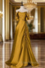 Gold Satin Off Shoulder Long Evening Dress, Gold Satin Formal Prom Dress