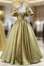 Gold Satin Puff Sleeve V-neck Formal Prom Dress
