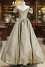 Gold Satin V-Neck Long Formal Prom Dress With Flowers, Off The Shoulder A-Line Formal Dress