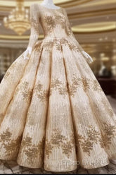 Gold Sequins Ball Gown Wedding Dress Long Sleeves Open Back