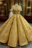 Gold Sequins High Neck Short Sleeve Formal Prom Dress